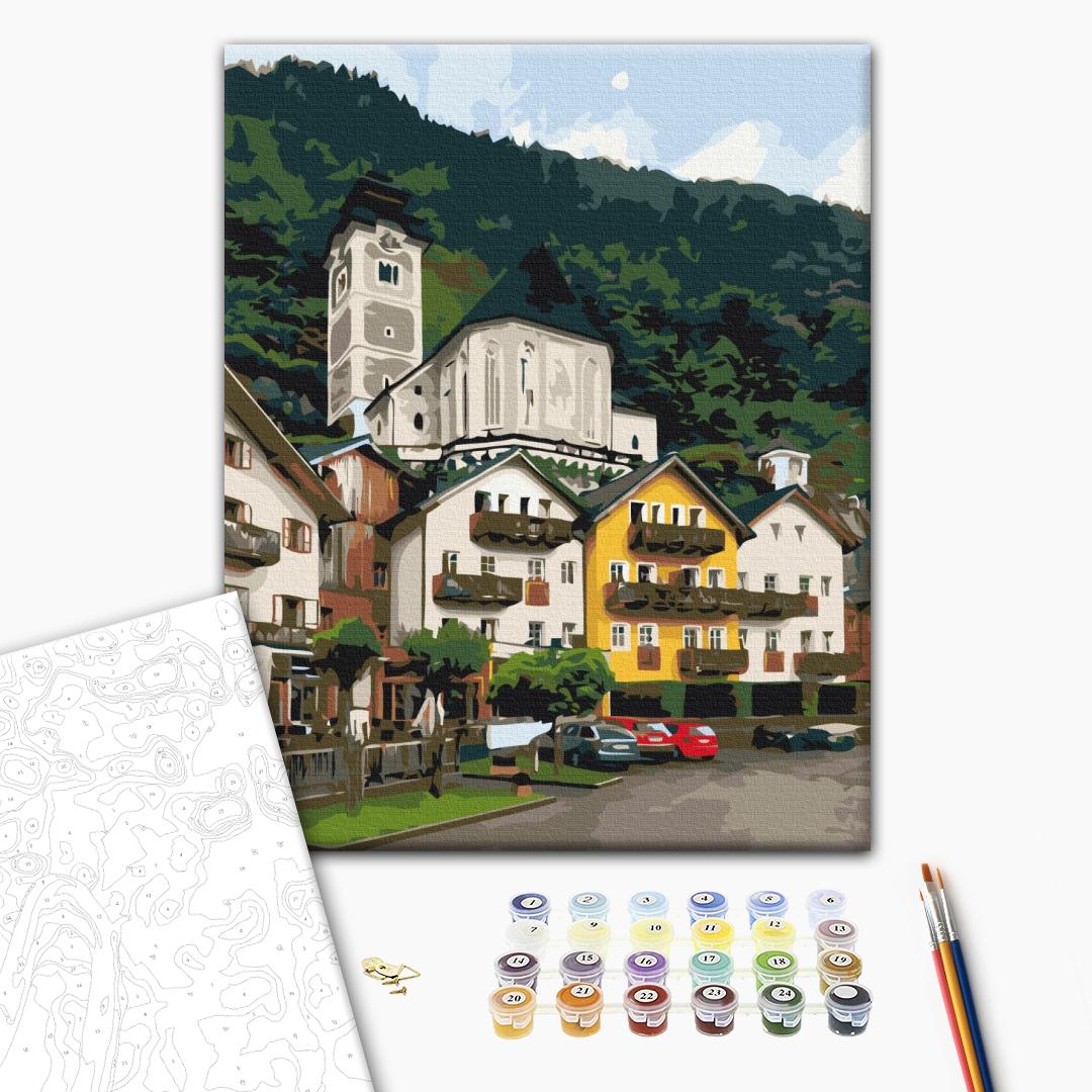 Die Bergstadt - Malen nach Zahlen Bild auf Leinwand mit Pinseln und Farben