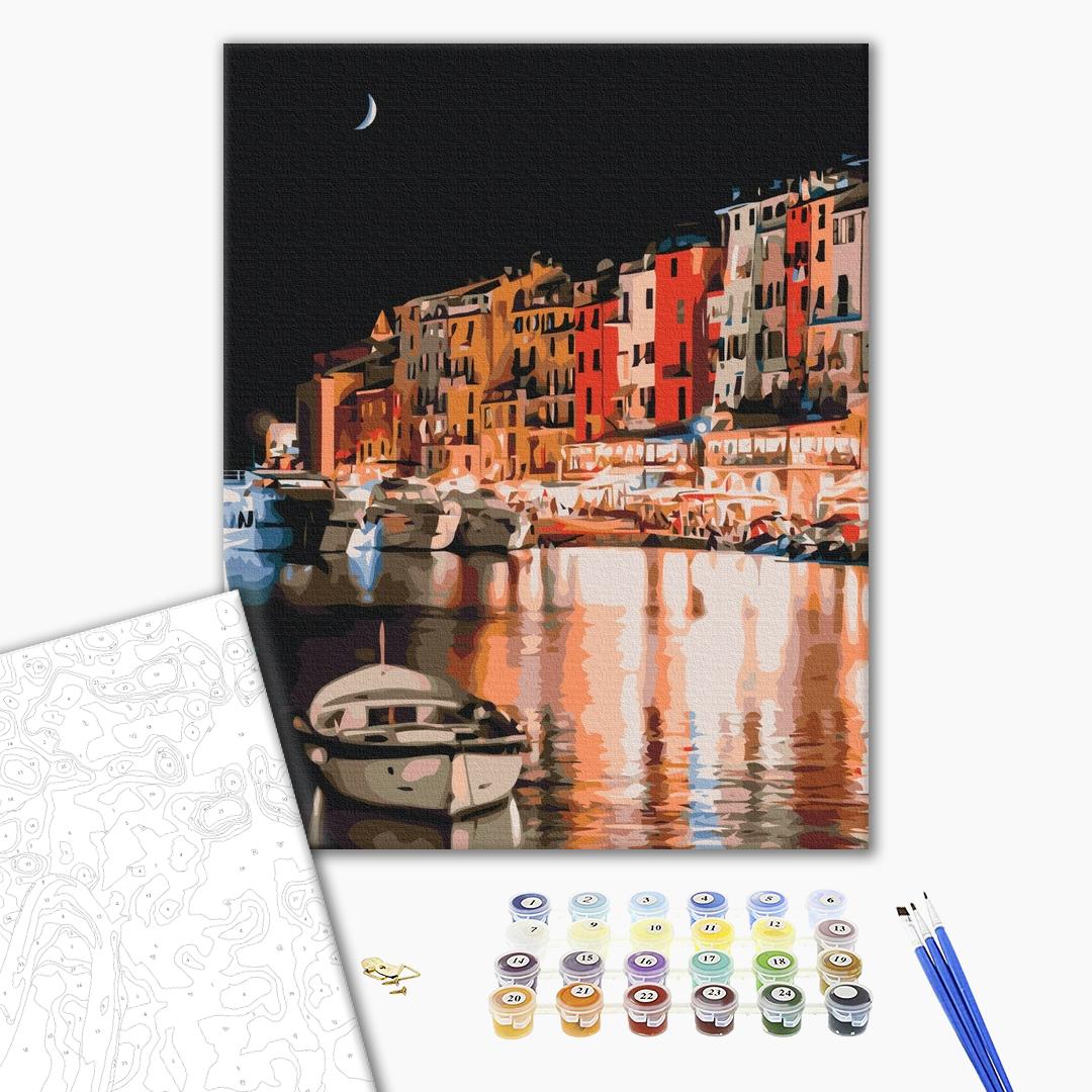 Nachtlichter in Italien - Malen nach Zahlen Bild auf Leinwand mit Pinseln und Farben