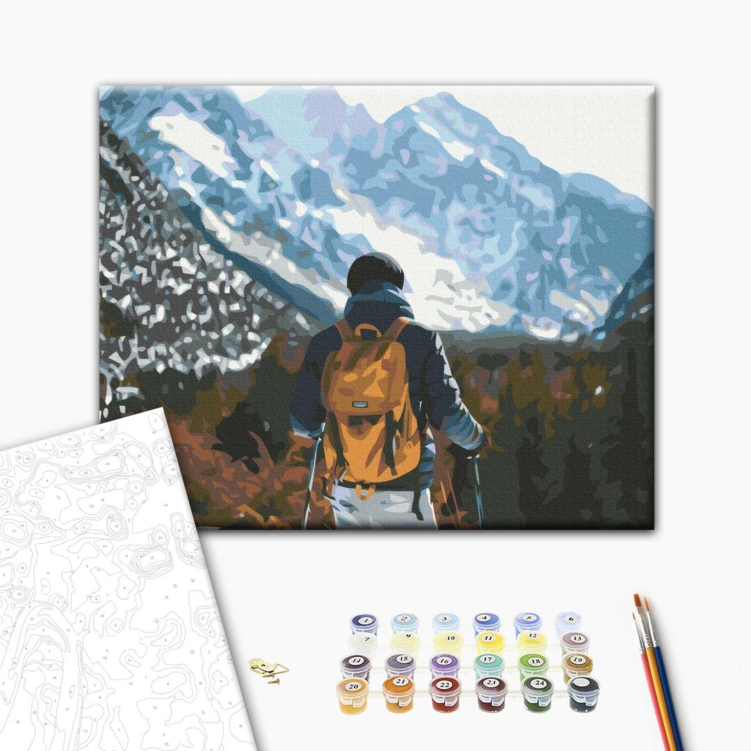 Reisender in den Bergen - Malen nach Zahlen Bild auf Leinwand mit Pinseln und Farben