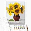 Vase mit Sonnenblumen - Malen nach Zahlen Bild auf Leinwand mit Pinseln und Farben