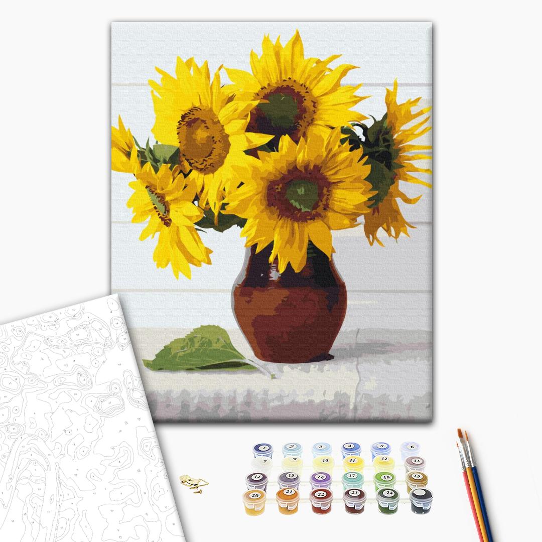 Vase mit Sonnenblumen - Malen nach Zahlen Bild auf Leinwand mit Pinseln und Farben