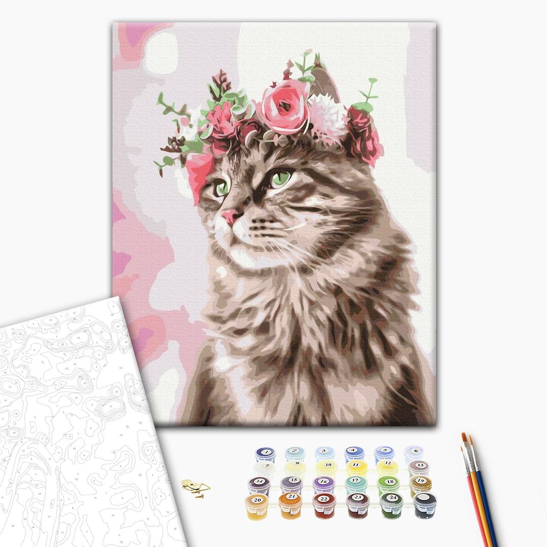 Zärtliche Katze - Malen nach Zahlen Bild auf Leinwand mit Pinseln und Farben