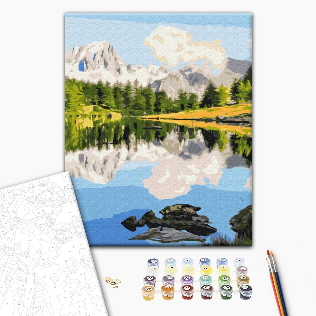 Bergspiegel - Malen nach Zahlen Bild auf Leinwand mit Pinseln und Farben