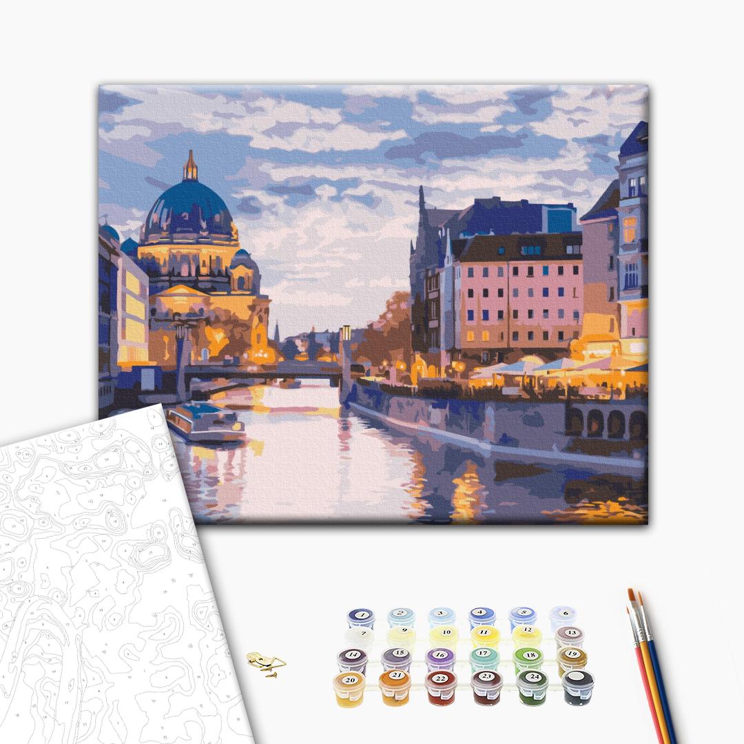 Kanäle einer alten Stadt - Malen nach Zahlen Bild auf Leinwand mit Pinseln und Farben