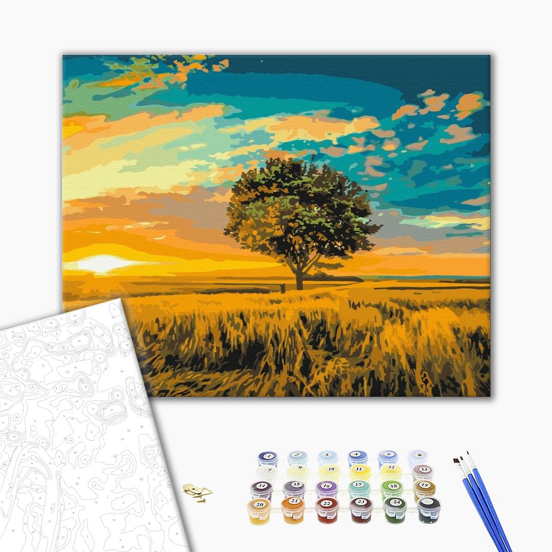 Goldener Sonnenuntergang - Malen nach Zahlen Bild auf Leinwand mit Pinseln und Farben