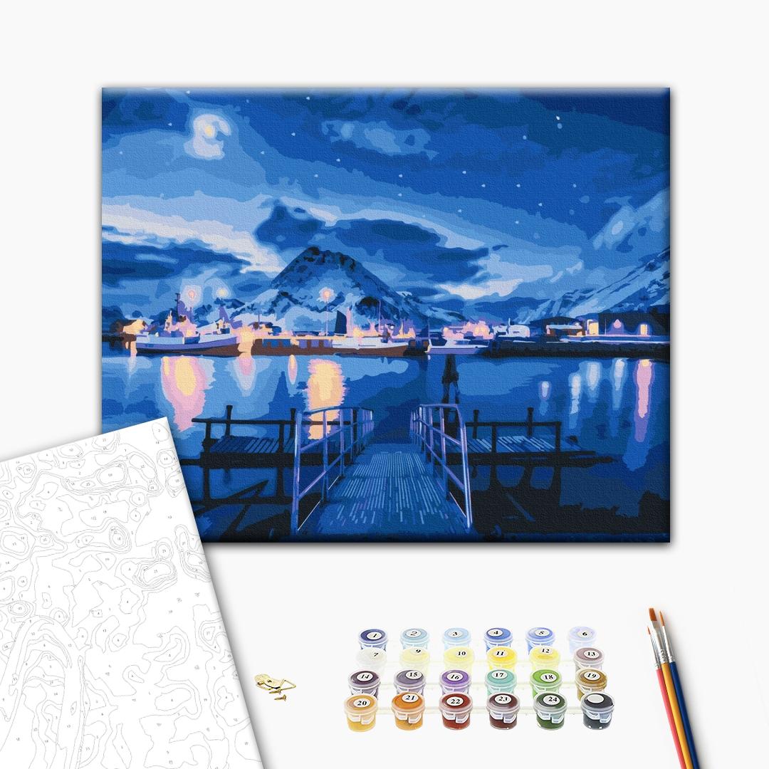 Reflexionen der Aurora Borealis - Malen nach Zahlen Bild auf Leinwand mit Pinseln und Farben