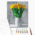 Ein Strauß gelber Tulpen - Malen nach Zahlen Bild auf Leinwand mit Pinseln und Farben