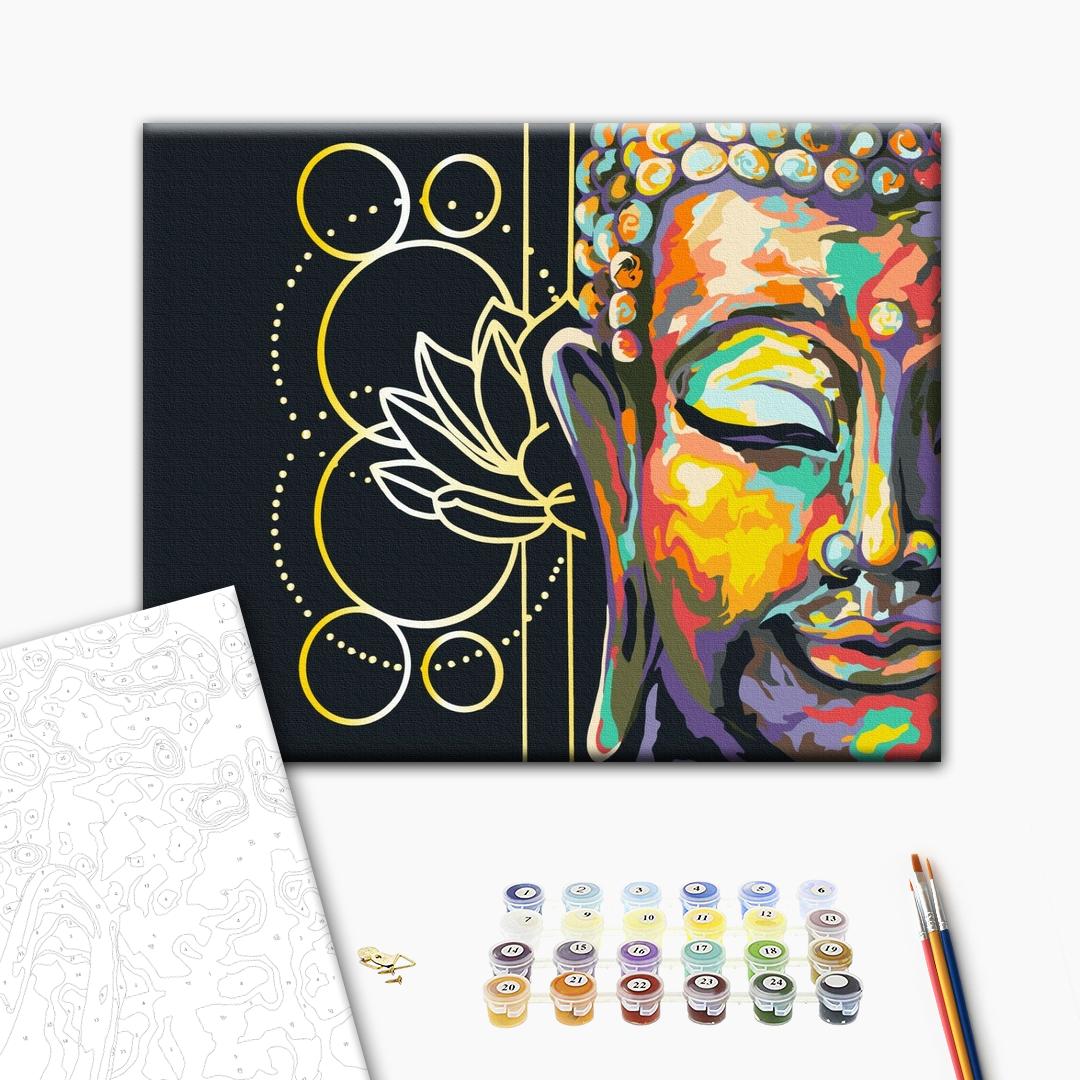 Die Symbolik des Buddha - Malen nach Zahlen Bild auf Leinwand mit Pinseln und Farben
