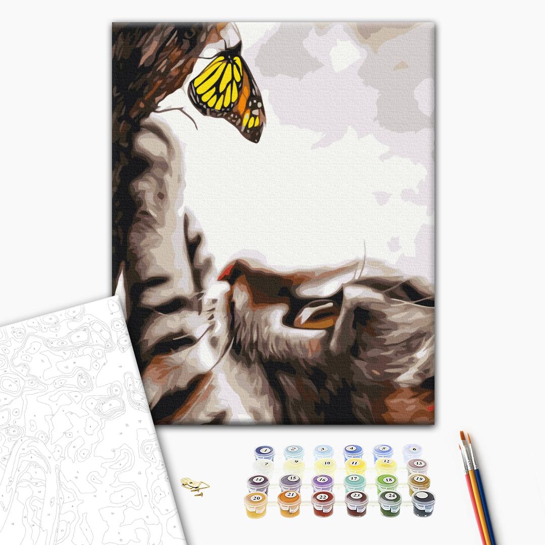 Fang den Schmetterling - Malen nach Zahlen Bild auf Leinwand mit Pinseln und Farben