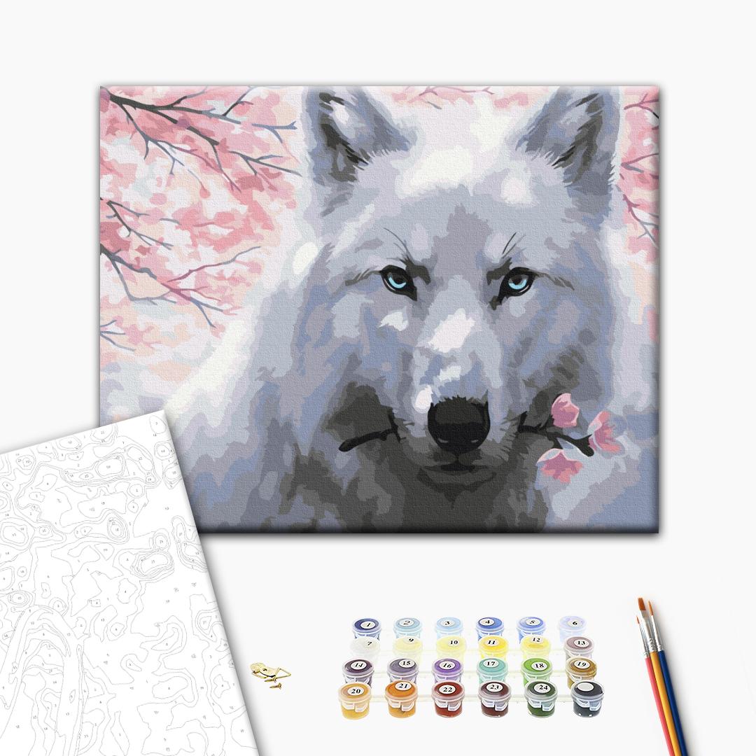 Wolf mit Blume - Malen nach Zahlen Bild auf Leinwand mit Pinseln und Farben