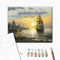Ein Segelboot bei Sonnenuntergang - Malen nach Zahlen Bild auf Leinwand mit Pinseln und Farben