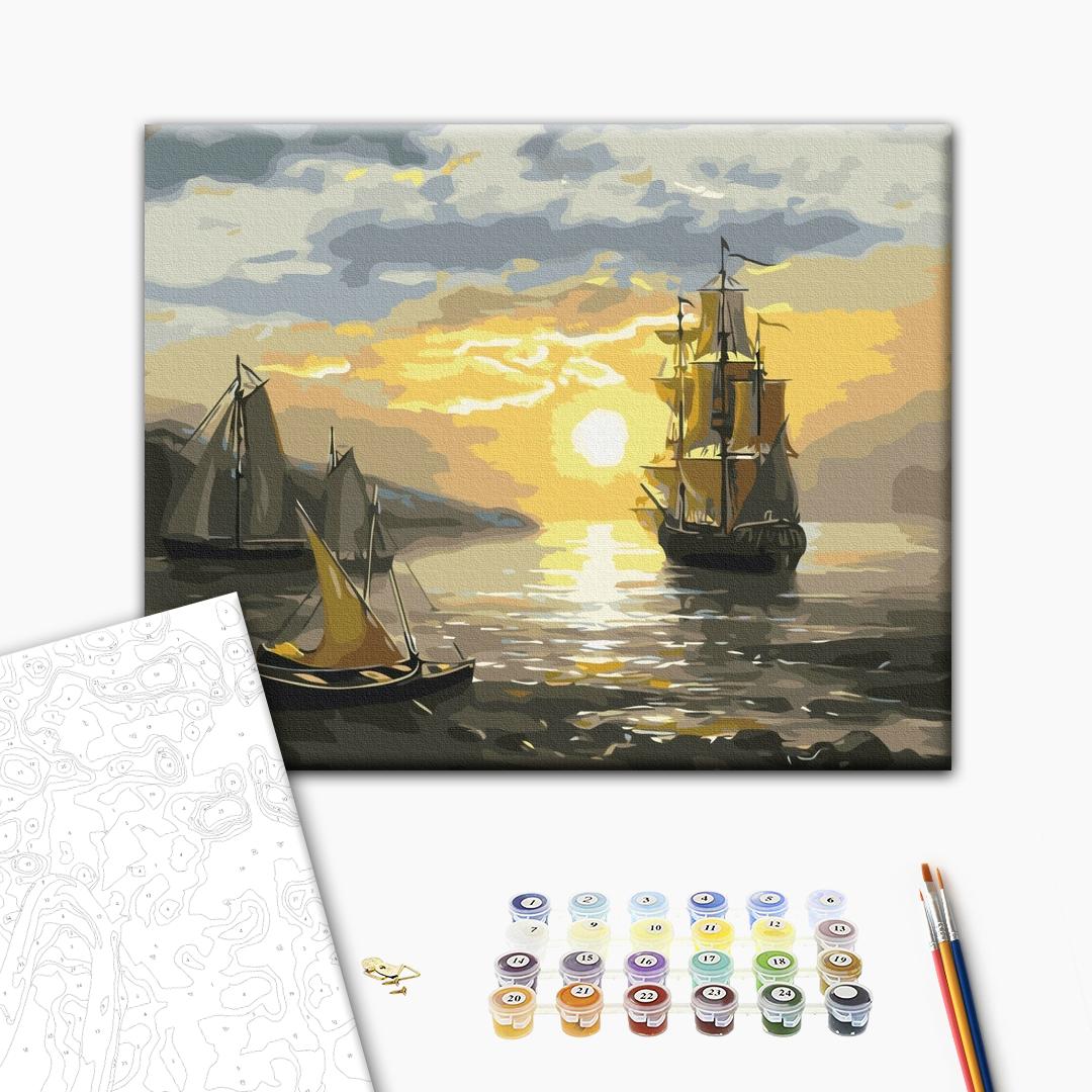 Ein Segelboot bei Sonnenuntergang - Malen nach Zahlen Bild auf Leinwand mit Pinseln und Farben