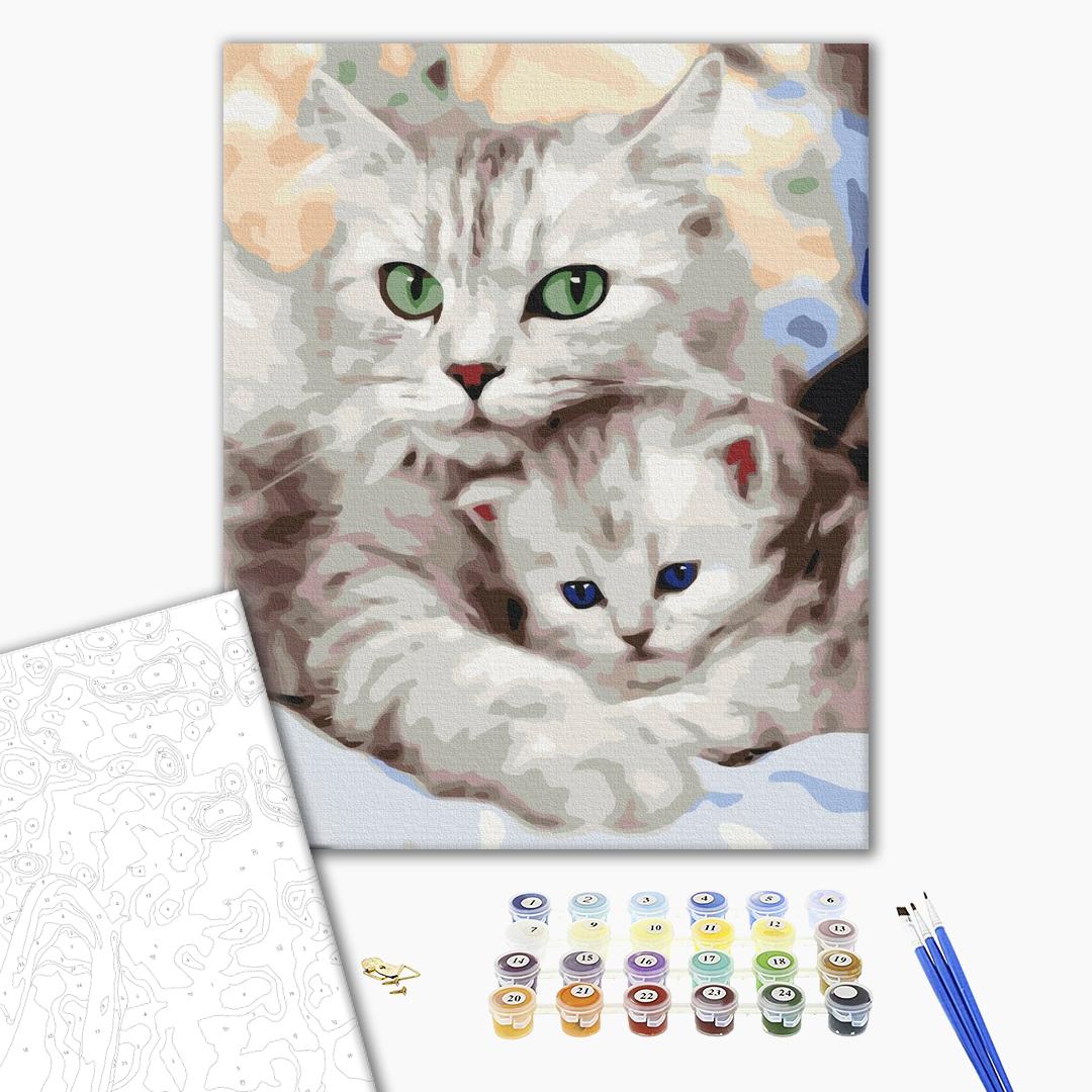 Katze-Mama mit Kätzchen - Malen nach Zahlen Bild auf Leinwand mit Pinseln und Farben