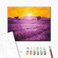 Sonnenaufgang über Lavendel - Malen nach Zahlen Bild auf Leinwand mit Pinseln und Farben