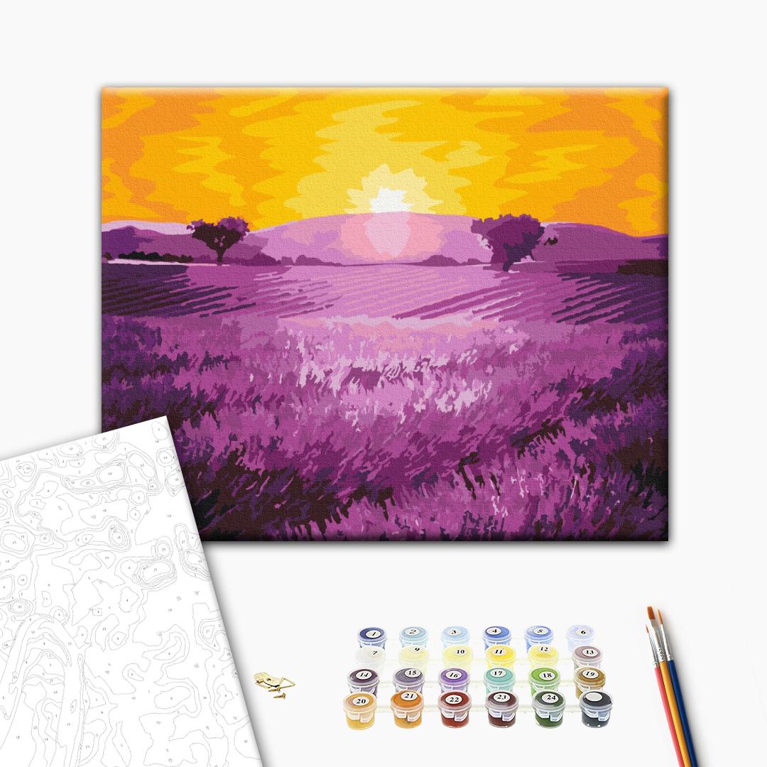 Sonnenaufgang über Lavendel - Malen nach Zahlen Bild auf Leinwand mit Pinseln und Farben