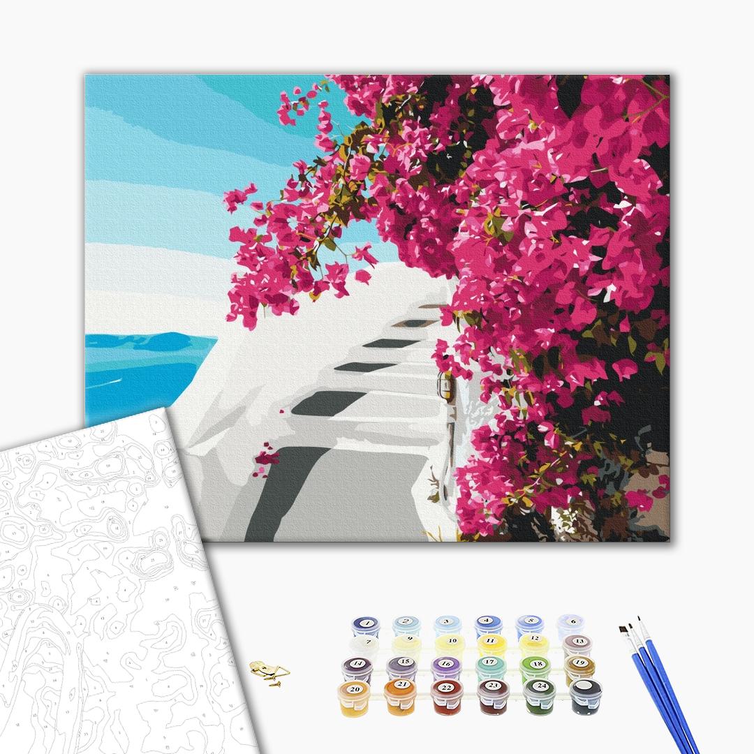 Santorini-Blumen - Malen nach Zahlen Bild auf Leinwand mit Pinseln und Farben