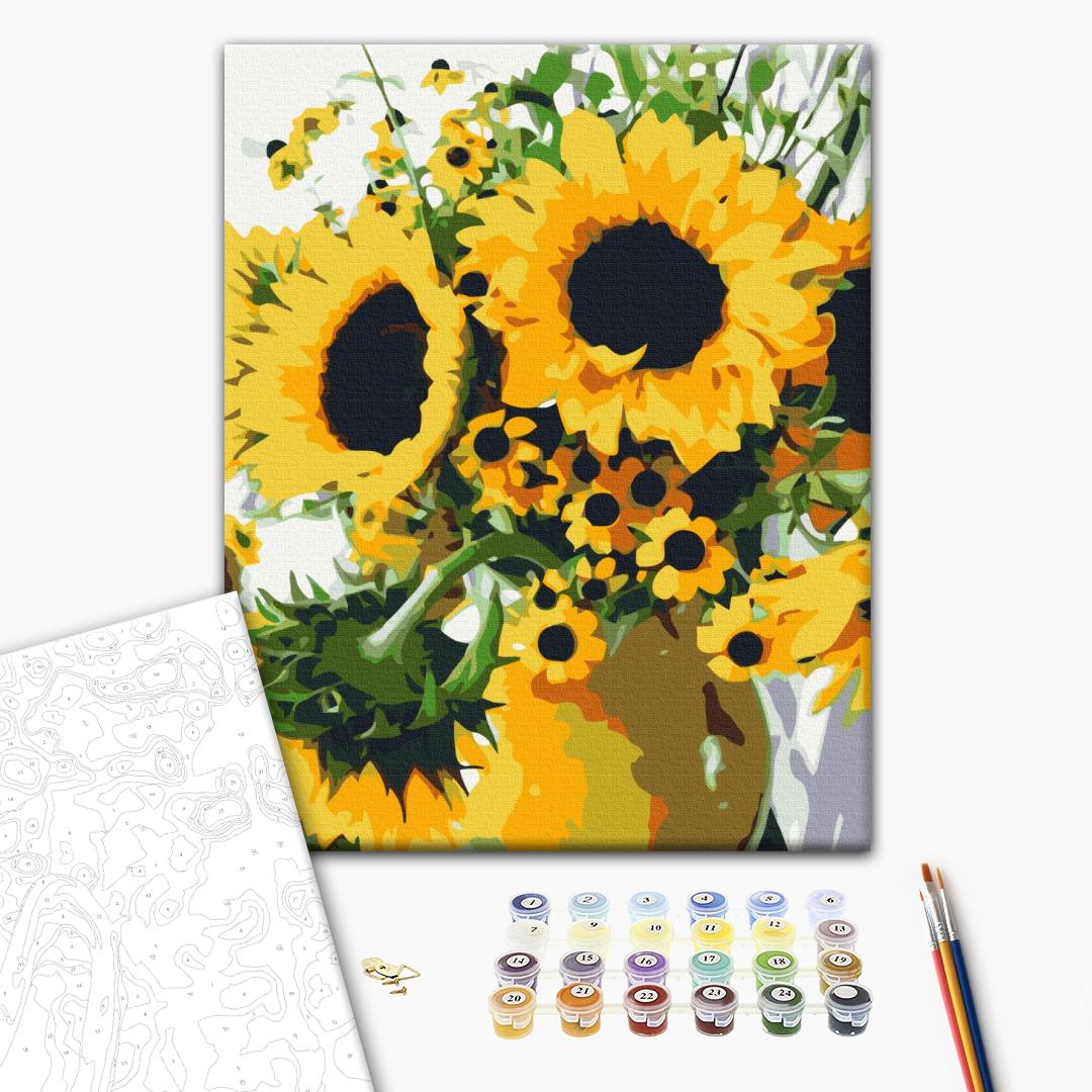 Ein Strauß Sonnenblumen - Malen nach Zahlen Bild auf Leinwand mit Pinseln und Farben