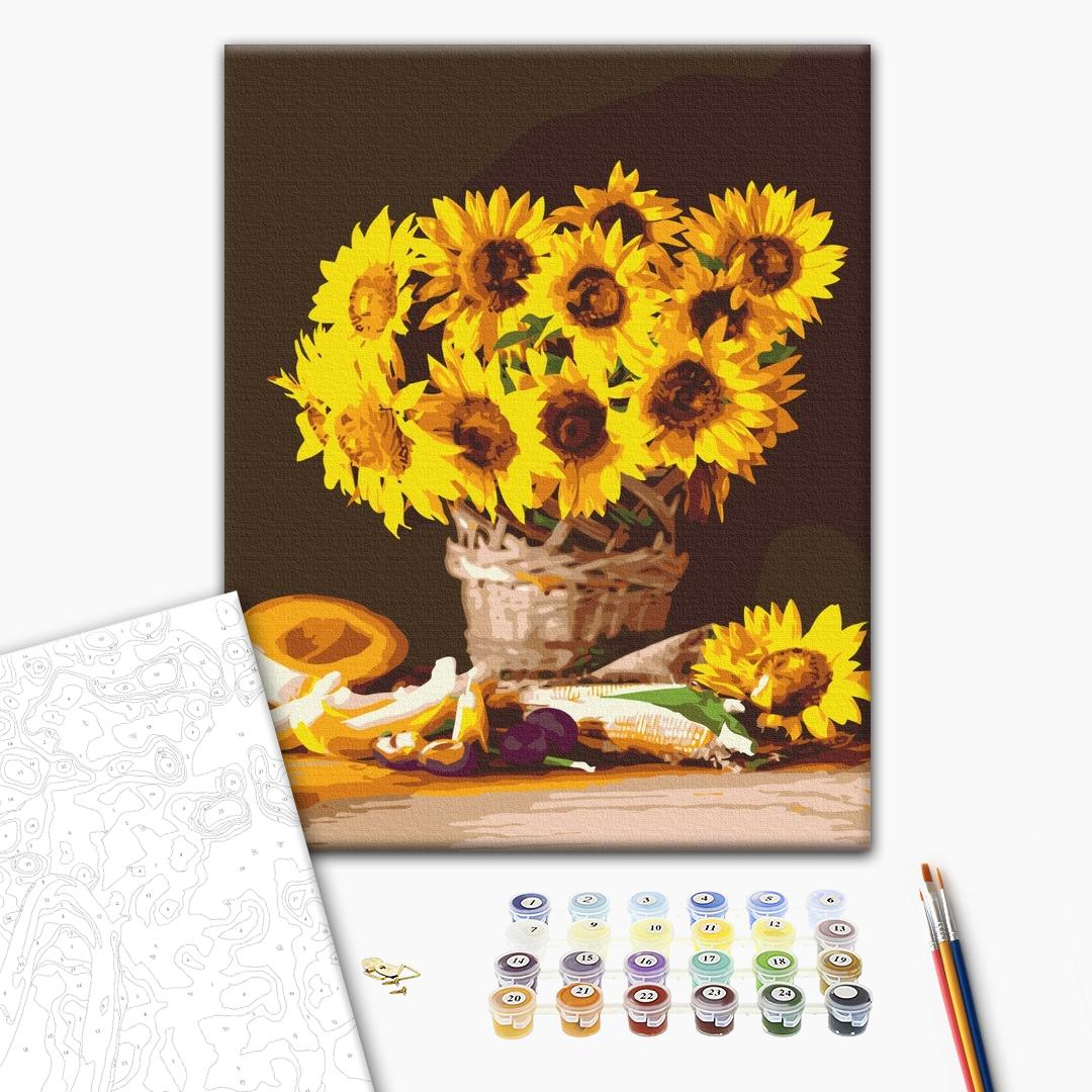 Helle Sonnenblumen - Malen nach Zahlen Bild auf Leinwand mit Pinseln und Farben
