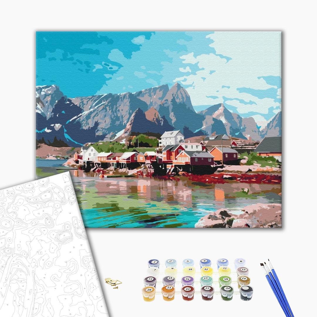 Die Stadt in den Kristallbergen - Malen nach Zahlen Bild auf Leinwand mit Pinseln und Farben