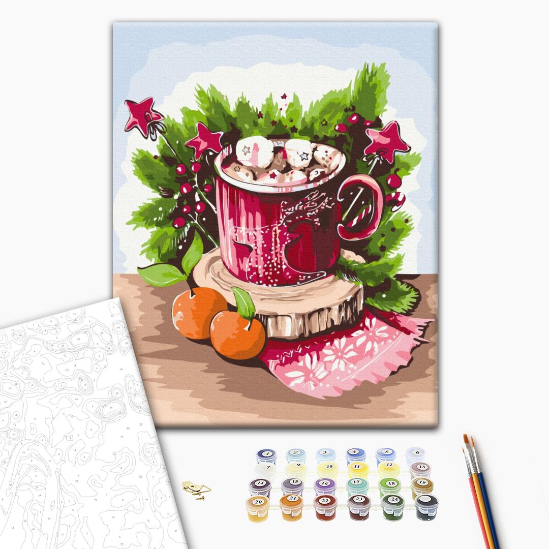 Die Marshmallows in einer Tasse - Malen nach Zahlen Bild auf Leinwand mit Pinseln und Farben
