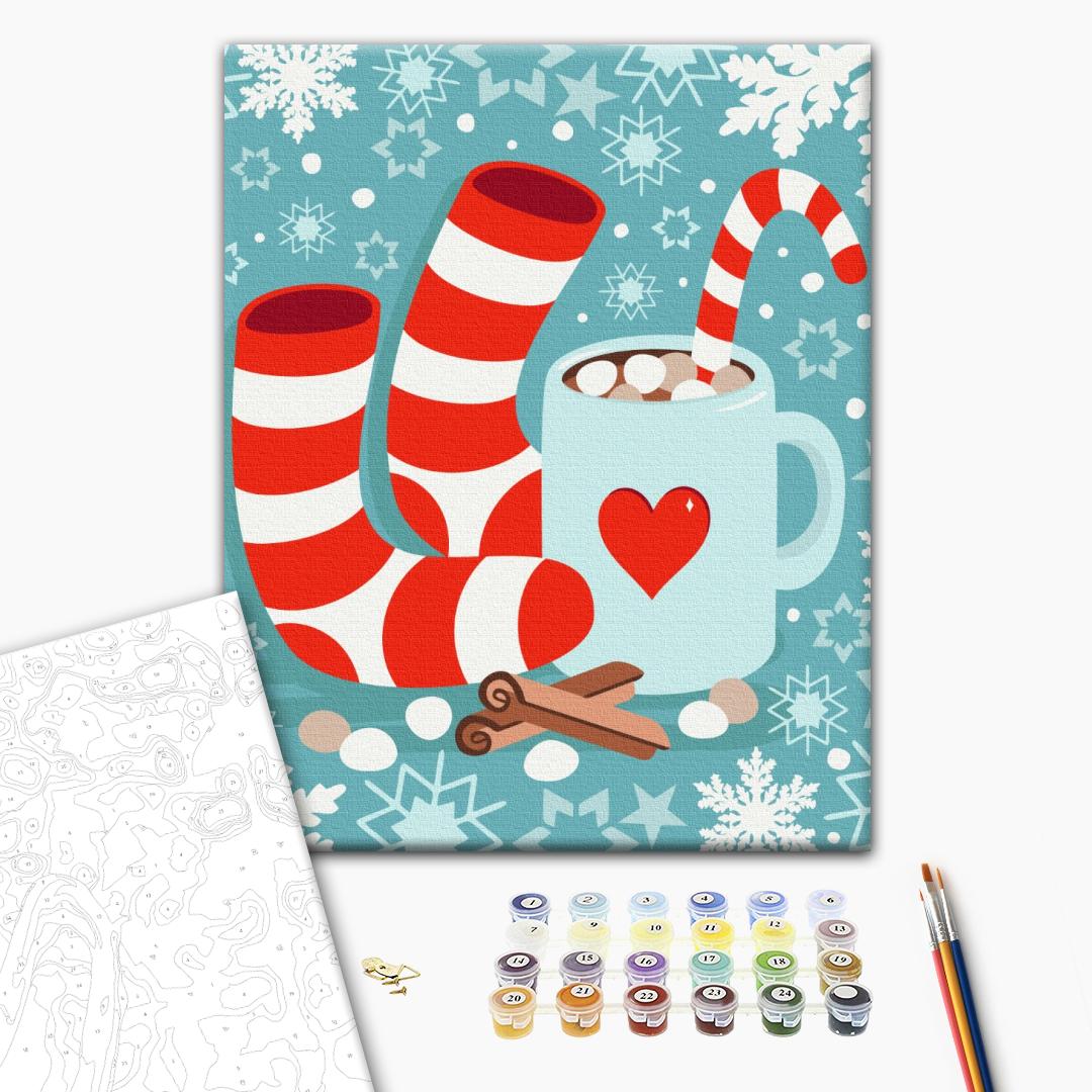 Weihnachten steht vor der Tür - Malen nach Zahlen Bild auf Leinwand mit Pinseln und Farben