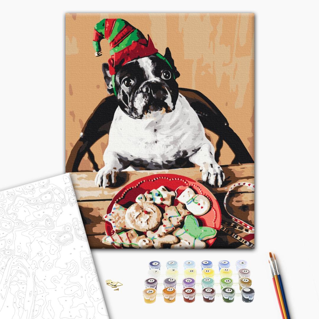 Mops - Santas Helfer - Malen nach Zahlen Bild auf Leinwand mit Pinseln und Farben