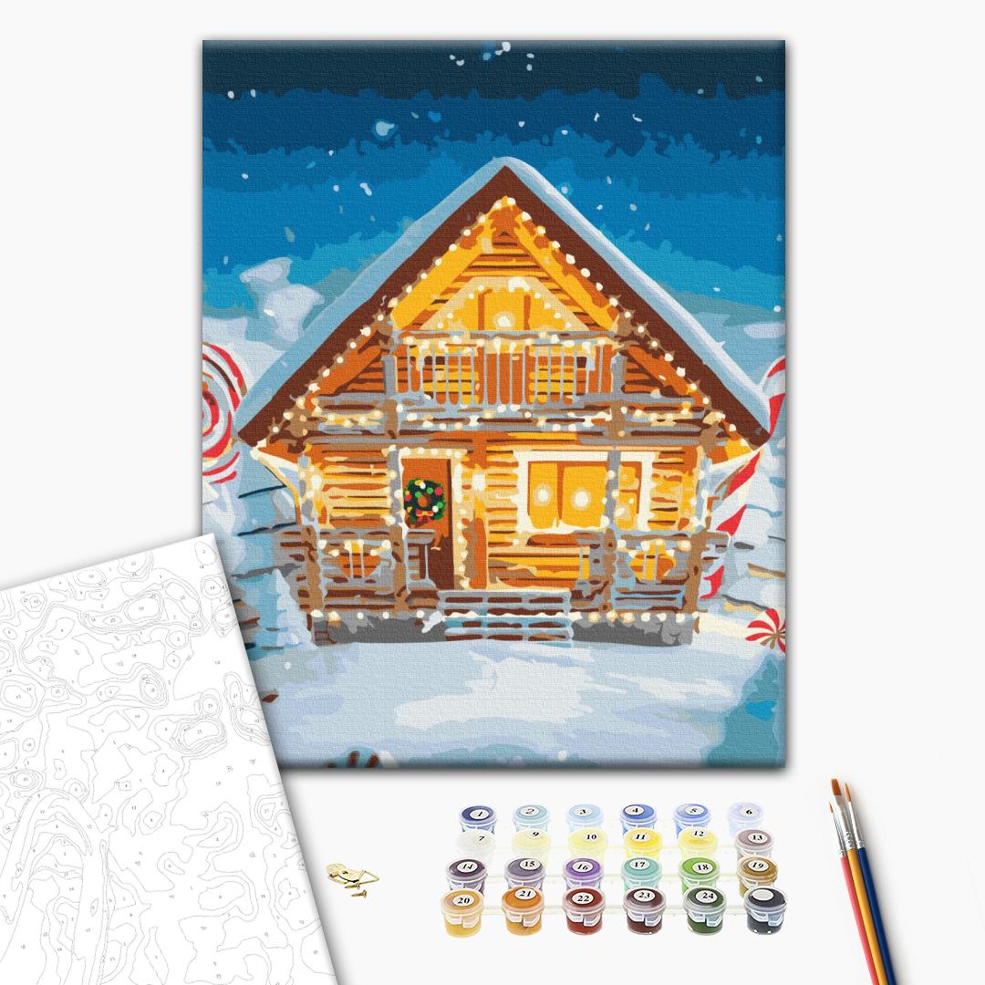 Ein fabelhaftes Neujahrshaus - Malen nach Zahlen Bild auf Leinwand mit Pinseln und Farben