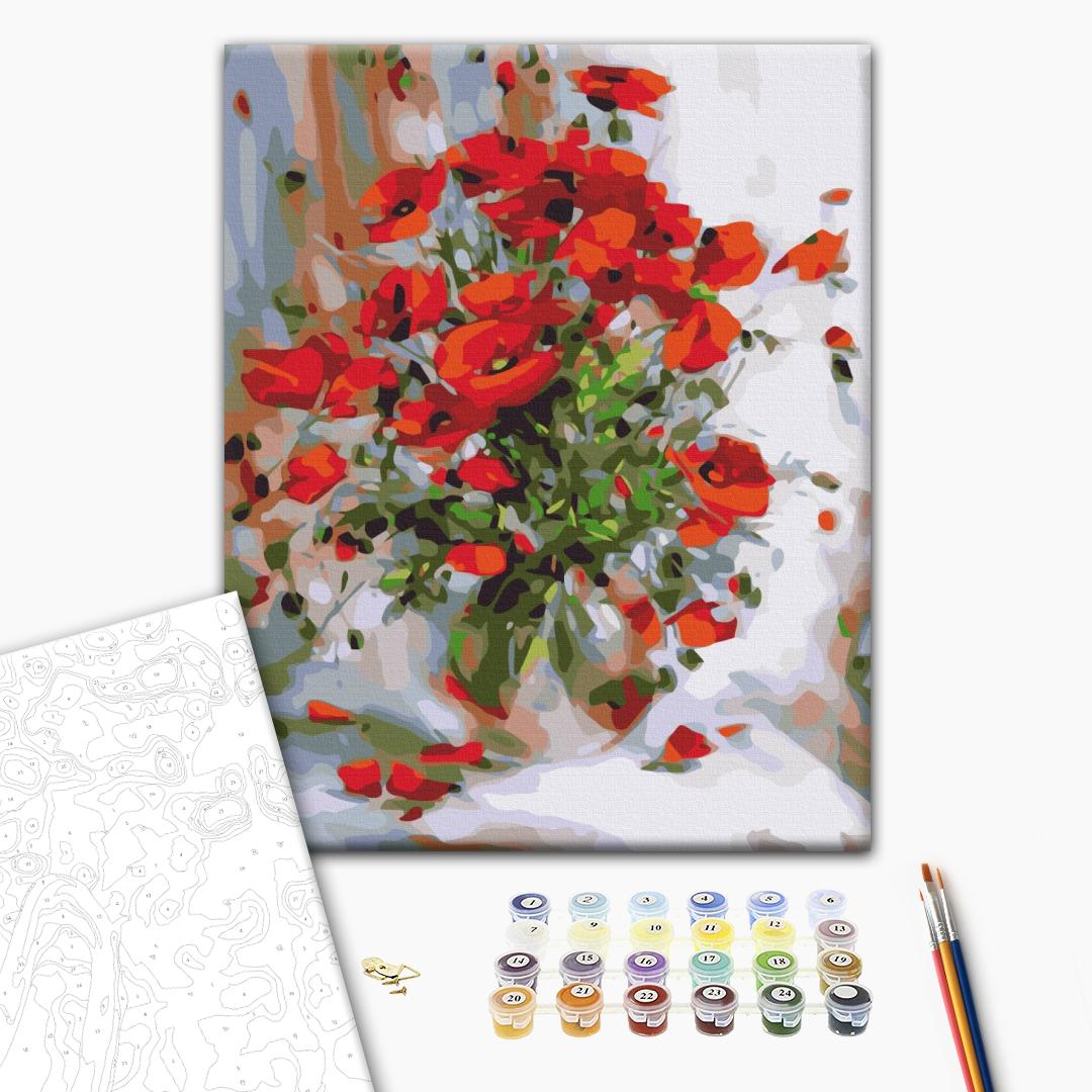 Ölmohn - Malen nach Zahlen Bild auf Leinwand mit Pinseln und Farben