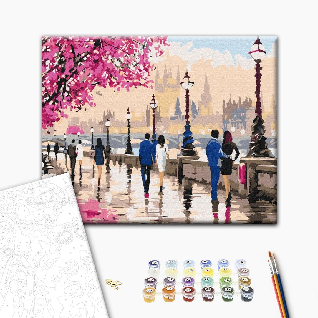 Spaziergang durch das romantische London - Malen nach Zahlen Bild auf Leinwand mit Pinseln und Farben