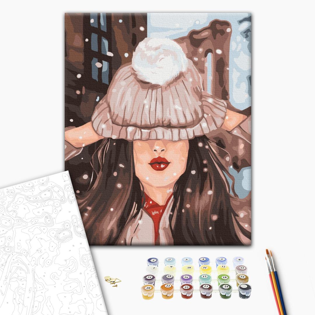 Der erste Schnee - Malen nach Zahlen Bild auf Leinwand mit Pinseln und Farben
