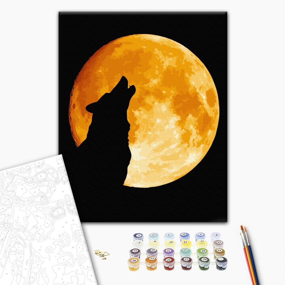 Nacht des Wolfes - Malen nach Zahlen Bild auf Leinwand mit Pinseln und Farben