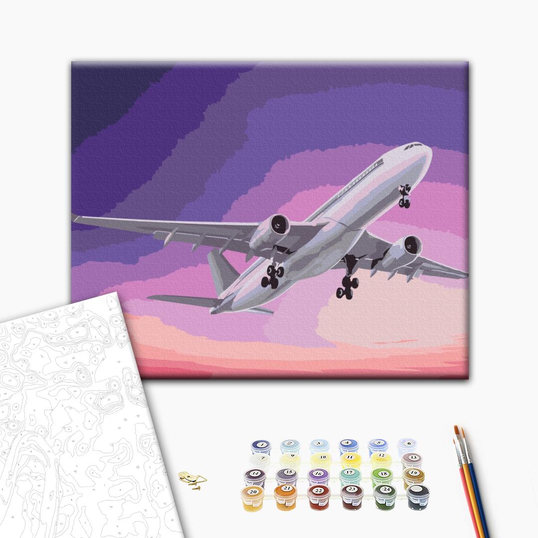Flugzeug am Himmel - Malen nach Zahlen Bild auf Leinwand mit Pinseln und Farben