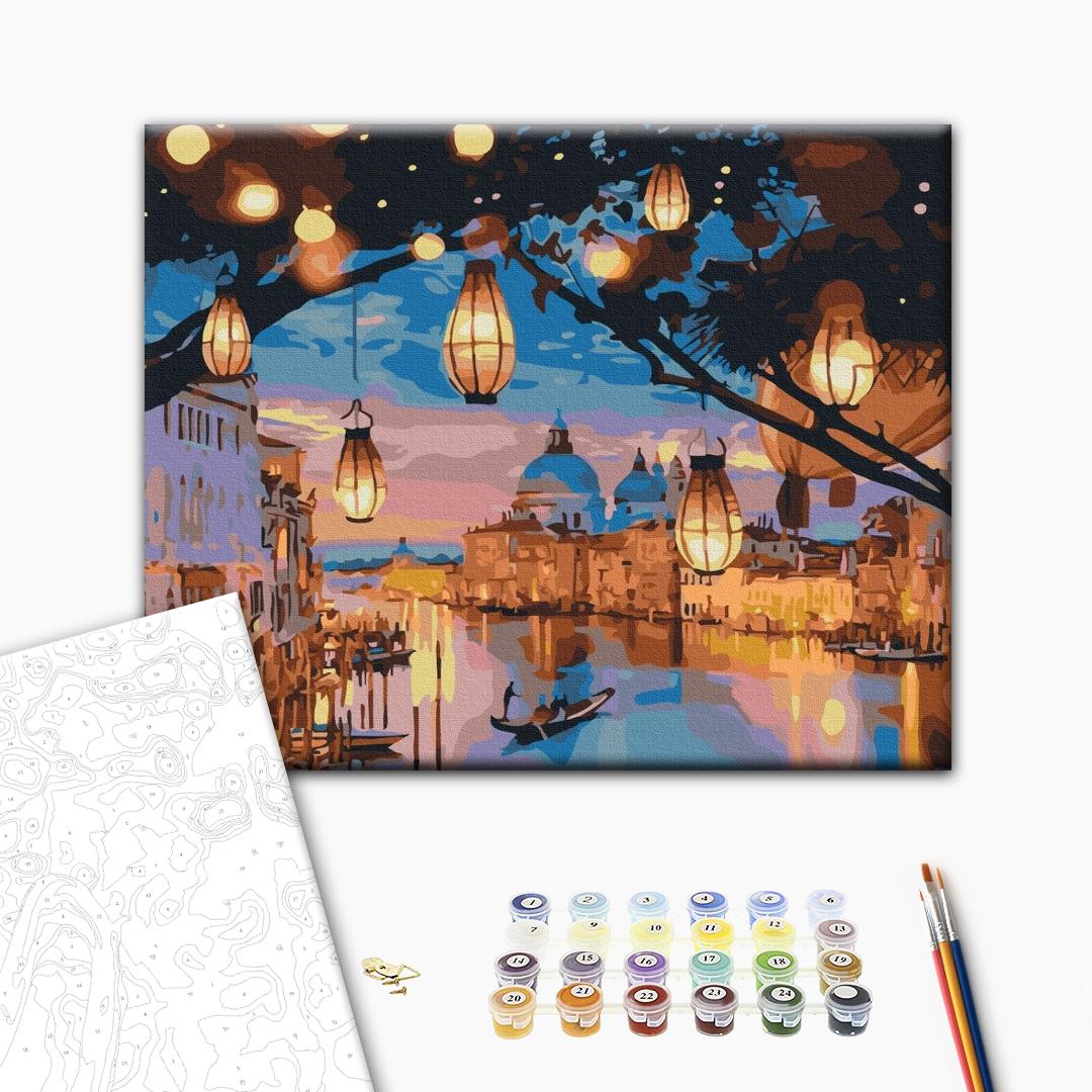 Nachtlichter in Venedig - Malen nach Zahlen Bild auf Leinwand mit Pinseln und Farben