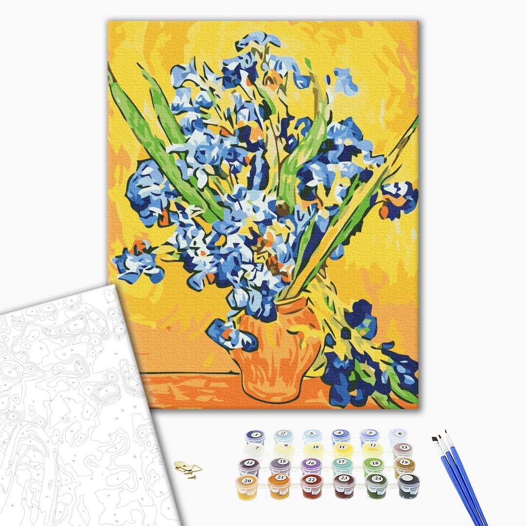 Iris in einer Vase von Vincent van Gogh - Malen nach Zahlen Bild auf Leinwand mit Pinseln und Farben