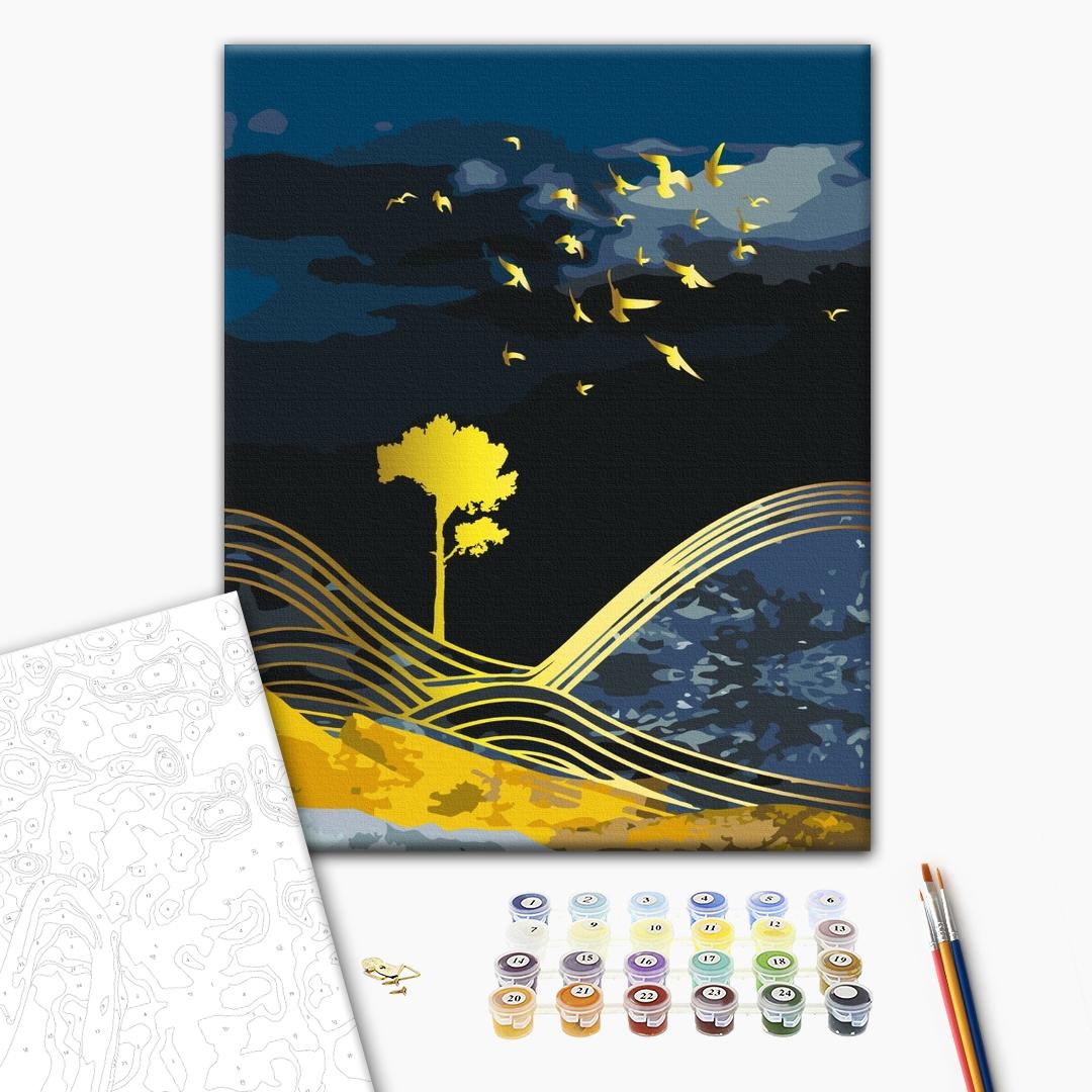 Nacht in goldener Farbe - Malen nach Zahlen Bild auf Leinwand mit Pinseln und Farben