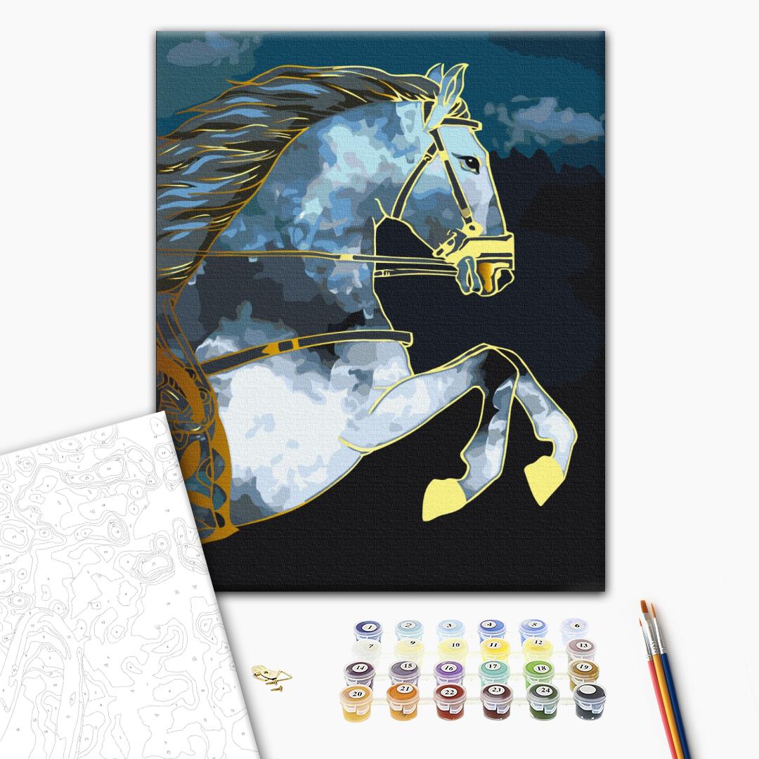 Ein Pferd mit goldener Farbe - Malen nach Zahlen Bild auf Leinwand mit Pinseln und Farben