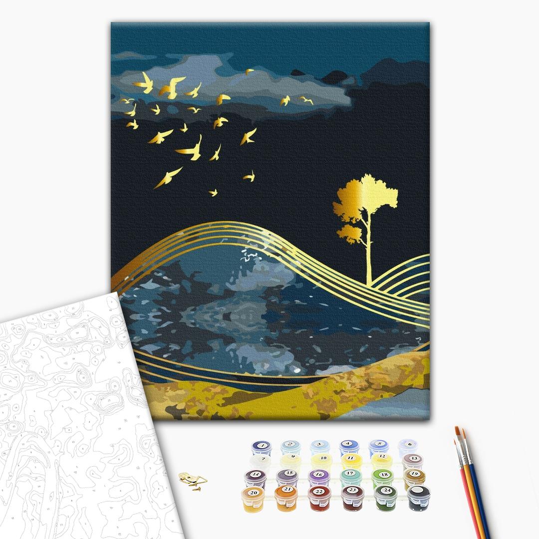 Vögel der Nacht mit Goldfarbe - Malen nach Zahlen Bild auf Leinwand mit Pinseln und Farben