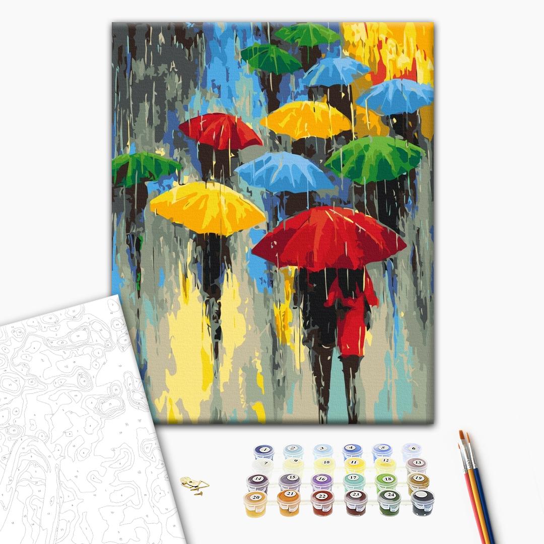 Regenschirme - Malen nach Zahlen Bild auf Leinwand mit Pinseln und Farben