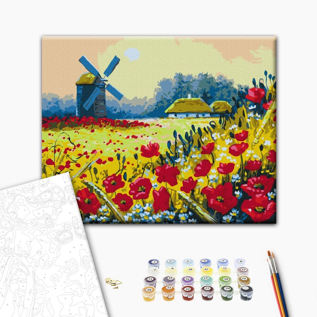 Mohnfeld - Malen nach Zahlen Bild auf Leinwand mit Pinseln und Farben