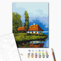 Eine Hütte am See - Malen nach Zahlen Bild auf Leinwand mit Pinseln und Farben