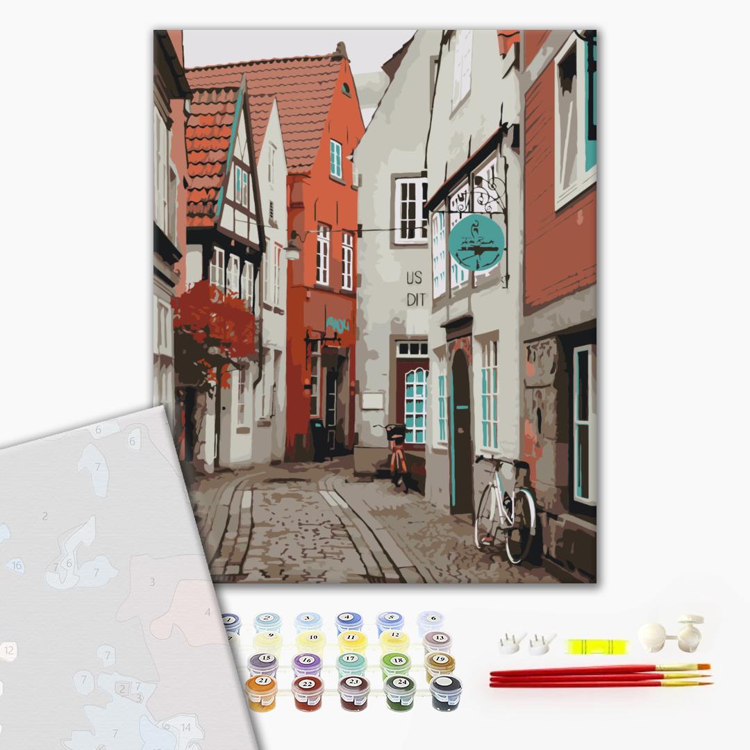 Auf den Straßen Bremens - Malen nach Zahlen Bild auf Leinwand mit Pinseln und Farben