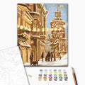 Winter in der Stadt - Malen nach Zahlen Bild auf Leinwand mit Pinseln und Farben