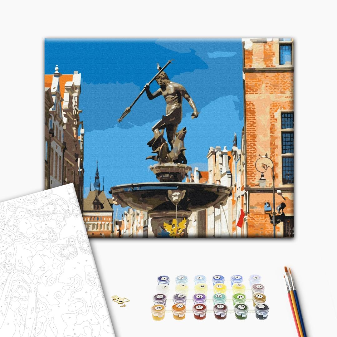 Neptunbrunnen in Danzig - Malen nach Zahlen Bild auf Leinwand mit Pinseln und Farben