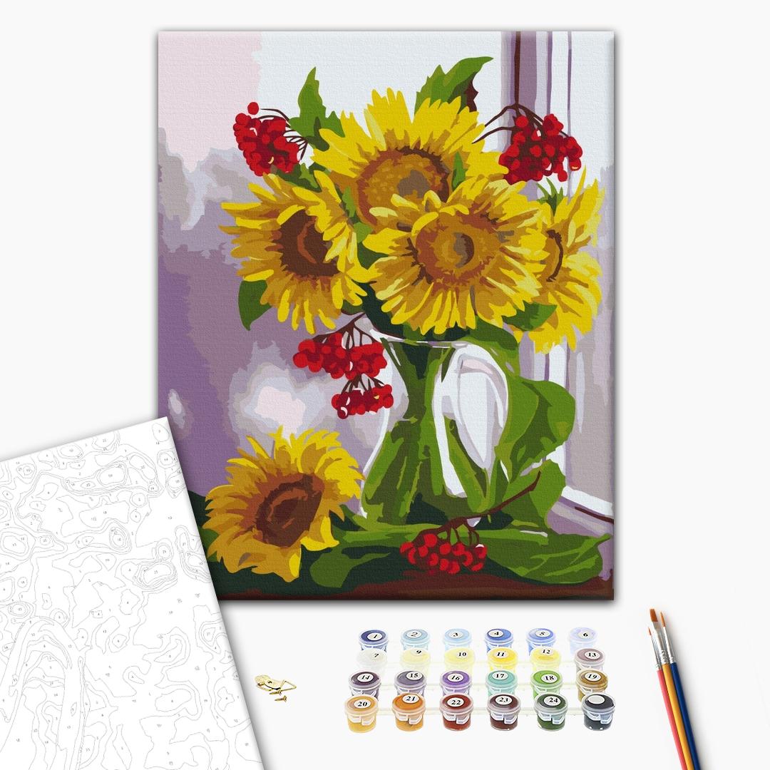 Sonnenblumen Stillleben - Malen nach Zahlen Bild auf Leinwand mit Pinseln und Farben