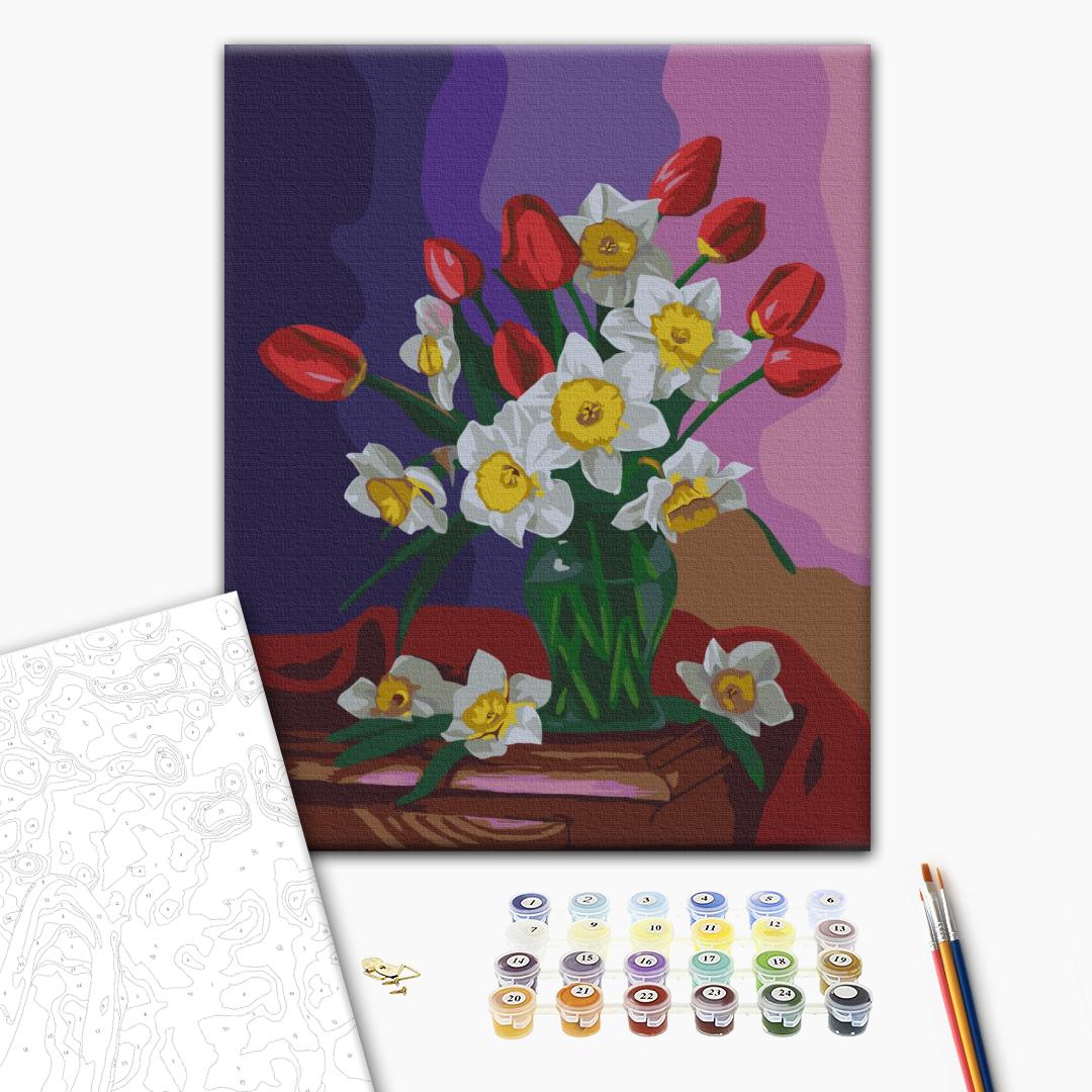 Strauß Tulpen und Narzissen - Malen nach Zahlen Bild auf Leinwand mit Pinseln und Farben