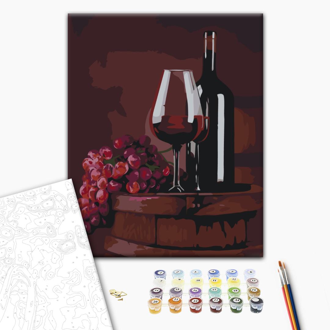 Ein Glas Rotwein - Malen nach Zahlen Bild auf Leinwand mit Pinseln und Farben