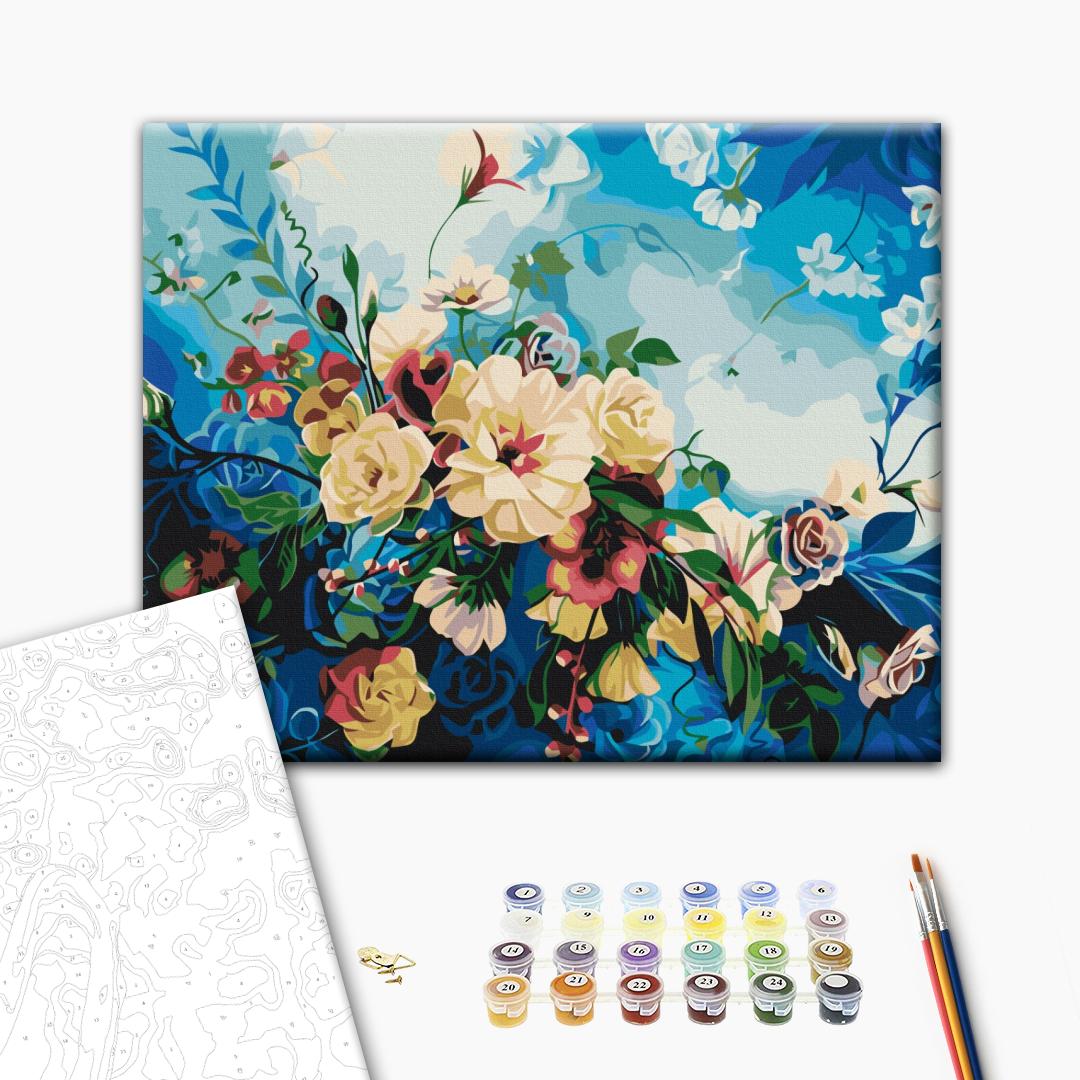 Blaue Blumen - Malen nach Zahlen Bild auf Leinwand mit Pinseln und Farben