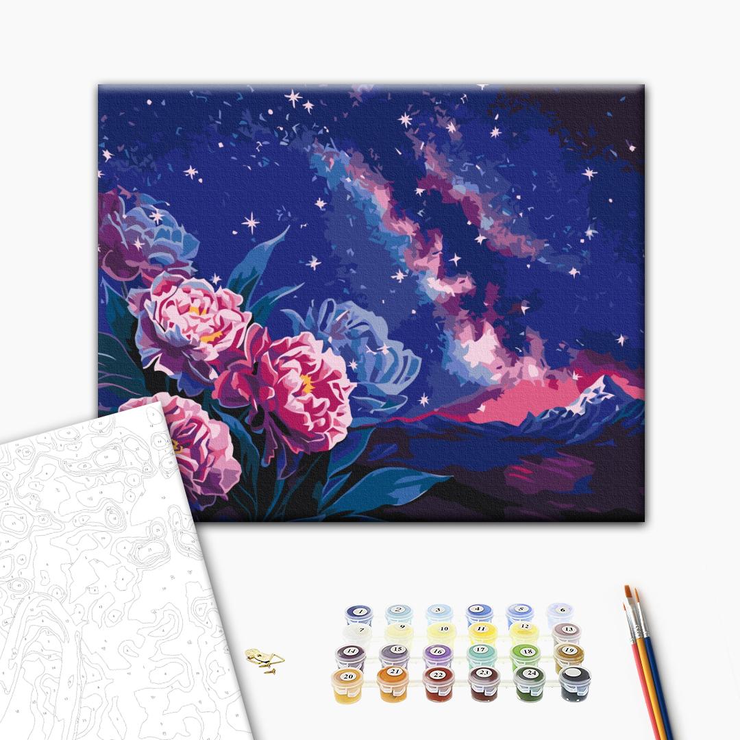 Nachtblumen - Malen nach Zahlen Bild auf Leinwand mit Pinseln und Farben