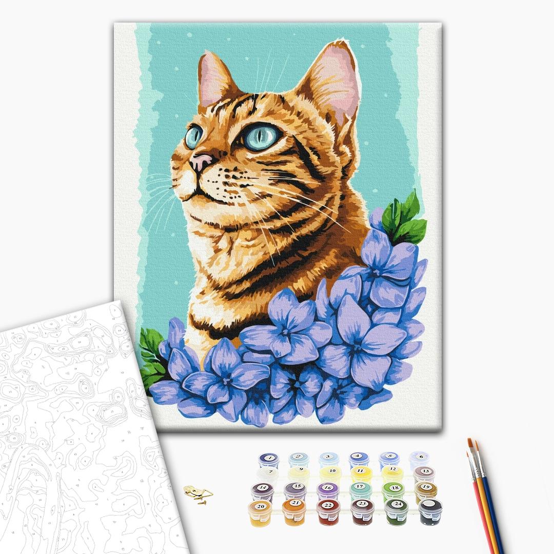 Azurblaue Katze - Malen nach Zahlen Bild auf Leinwand mit Pinseln und Farben