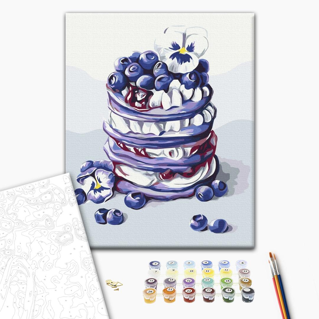 Pfannkuchen mit Blaubeeren - Malen nach Zahlen Bild auf Leinwand mit Pinseln und Farben